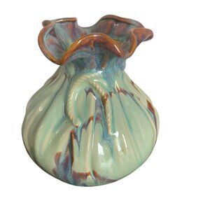Vtg Ruffled Ceramic Vase Multicolor Glaze 8” x 7.5” Rope Detail RARE